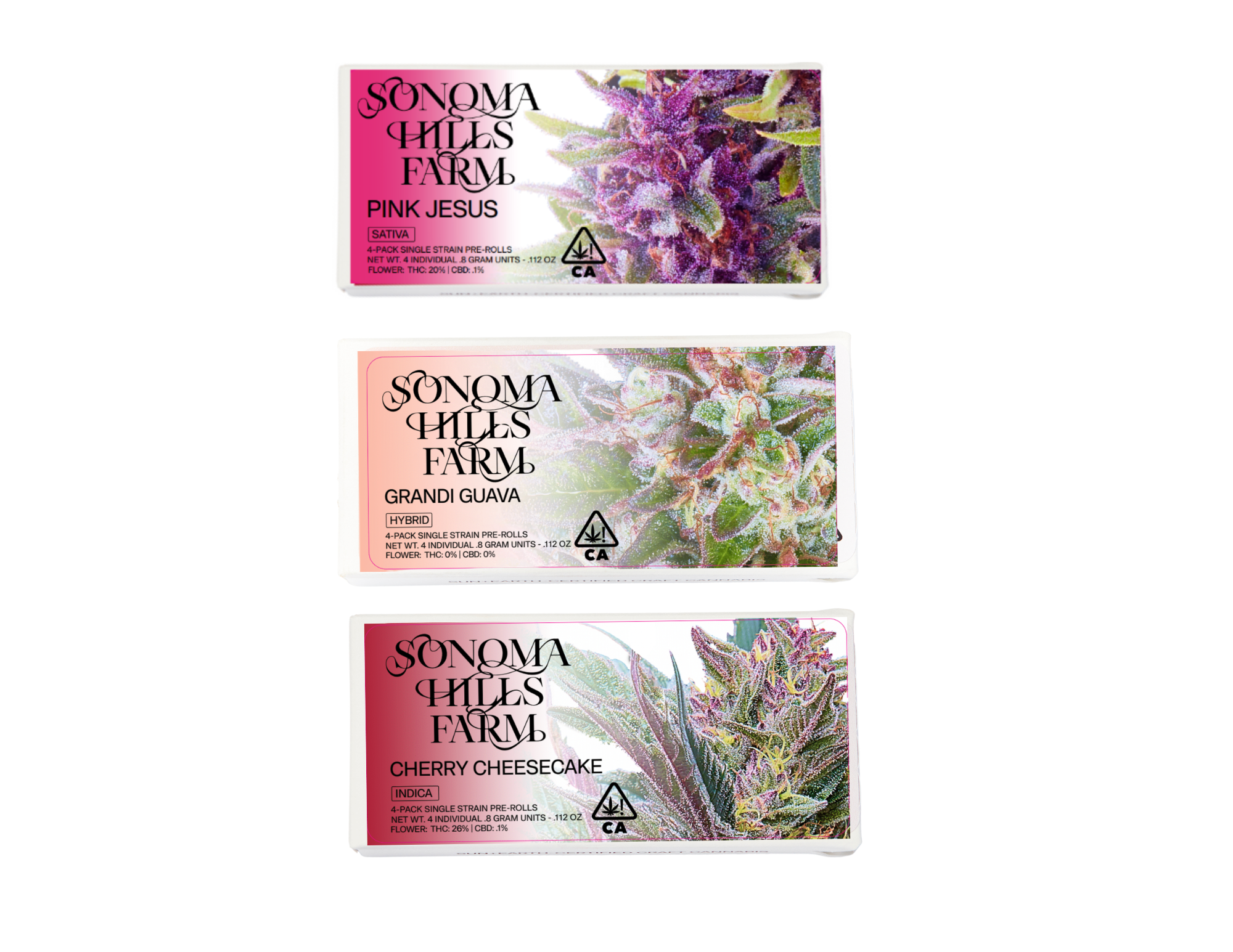 Sonoma Hills Farm single origin pre-roll 4-packs: Pink Jesus, Grandi Guava, Cherry Cheesecake