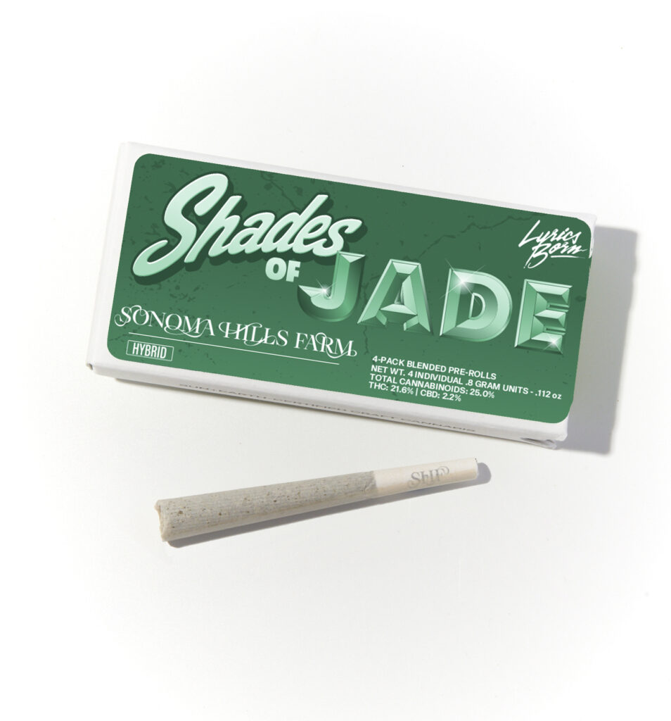 Shades of Jade pre-roll 4-pack and joint, Lyrics Born x Sonoma Hills Farm