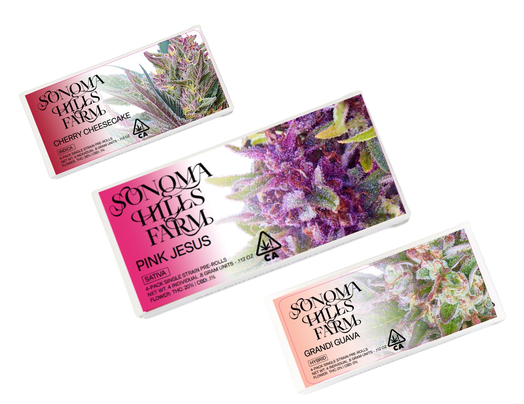 Sonoma Hills Farm single origin pre-roll 4-packs: Cherry Cheesecake, Pink Jesus, Grandi Guava